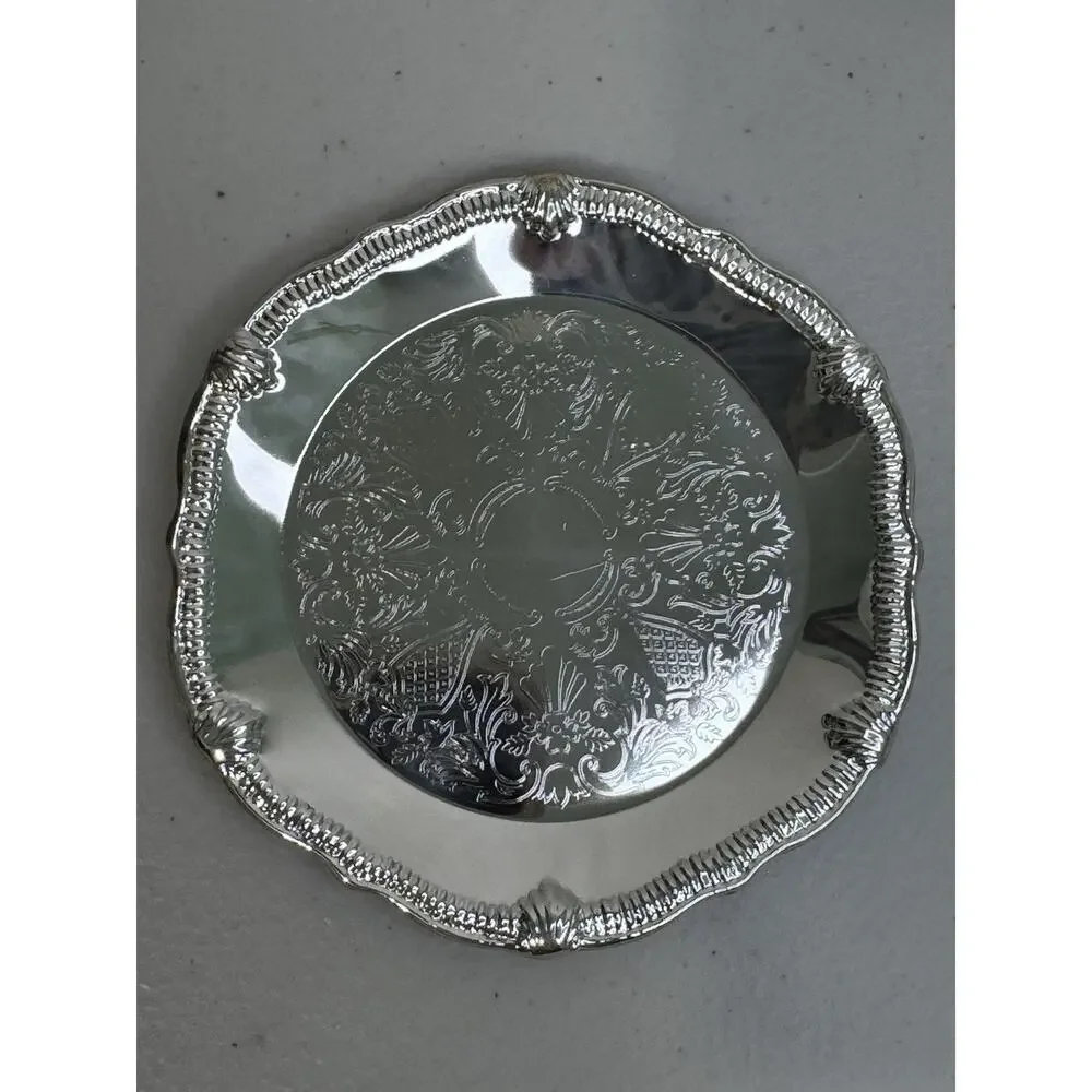 Vintage Silver-Plated Coasters Set of 4 Ornate Scalloped Embossed Patina 3.5”